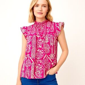 BiBi Women's Bold Pink Paisley Print Smocked Cap Sleeves Flowy Relaxed Tribal L